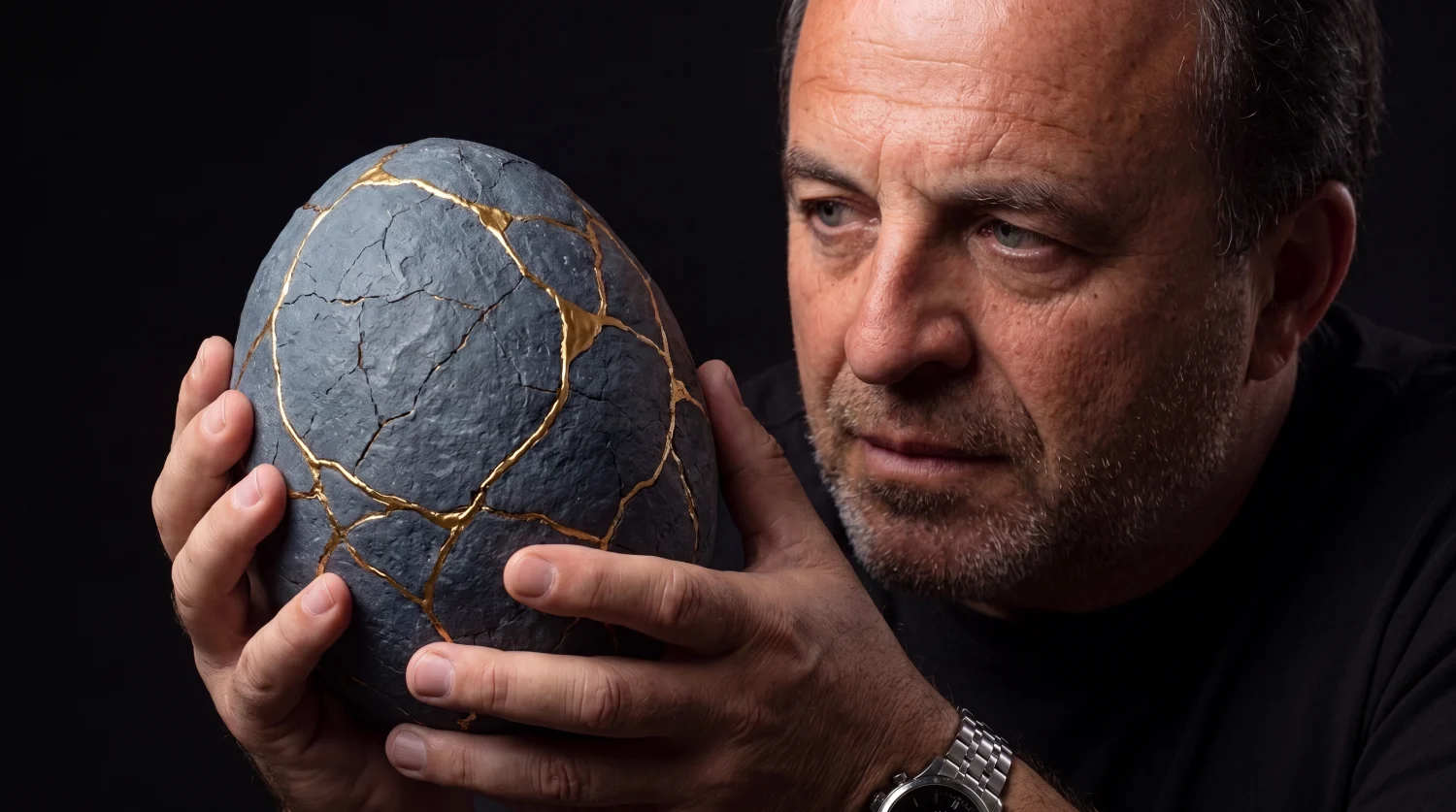 Alex Mez examining a gold-veined geode.