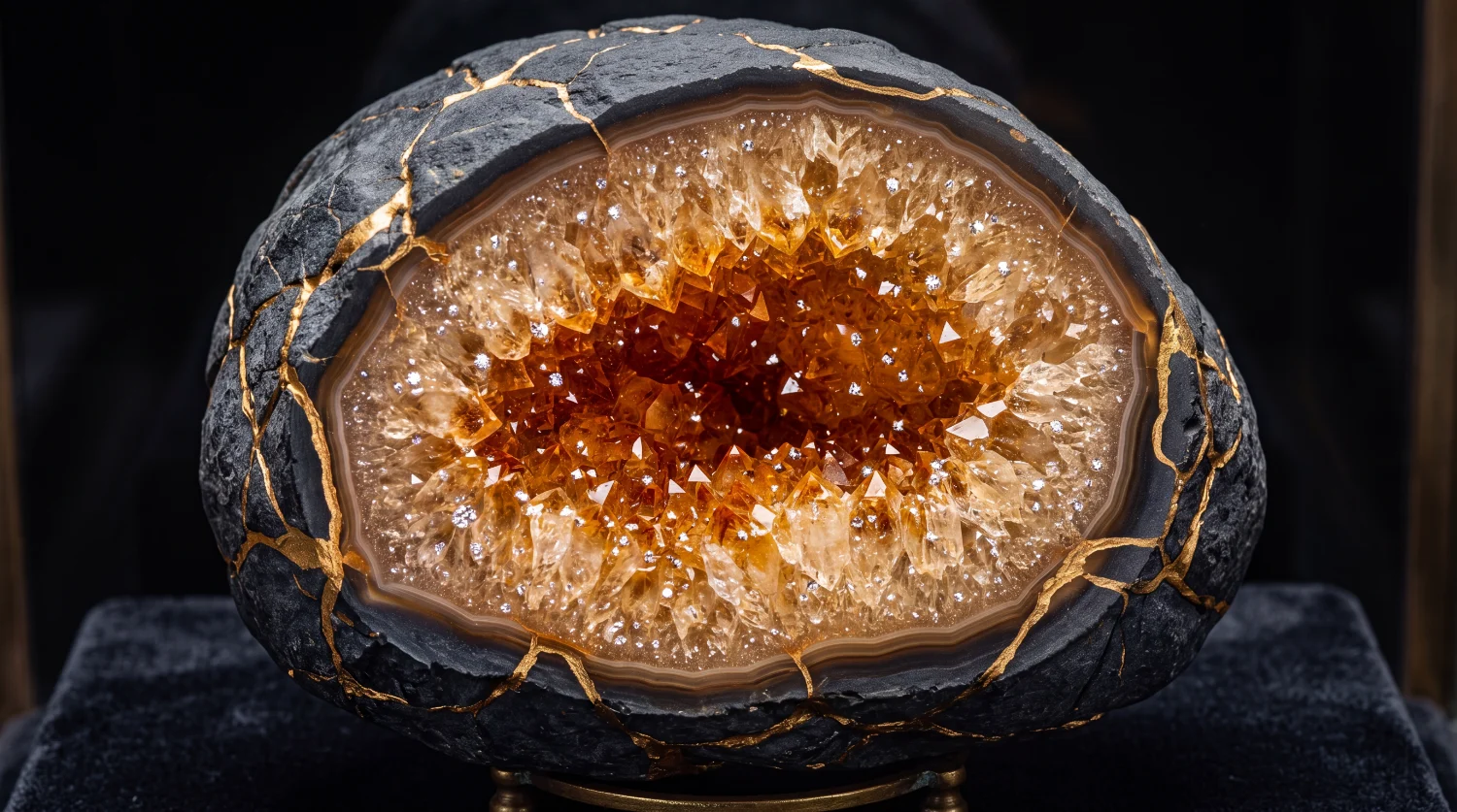 A geode sliced open, its crystal interior exposed.