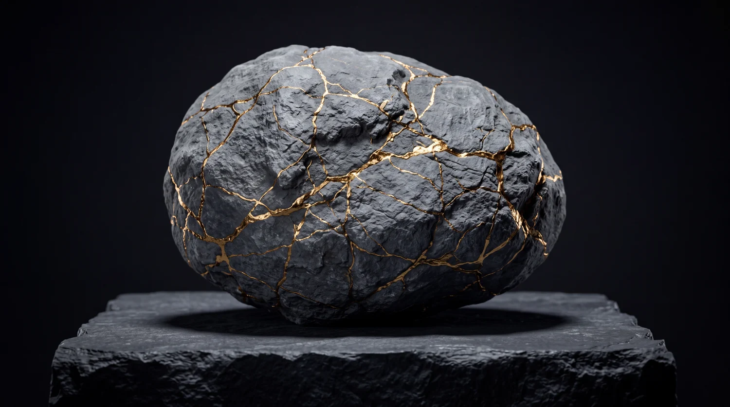 An uncut geode — gray and sealed, with a few gold veins on the outside.