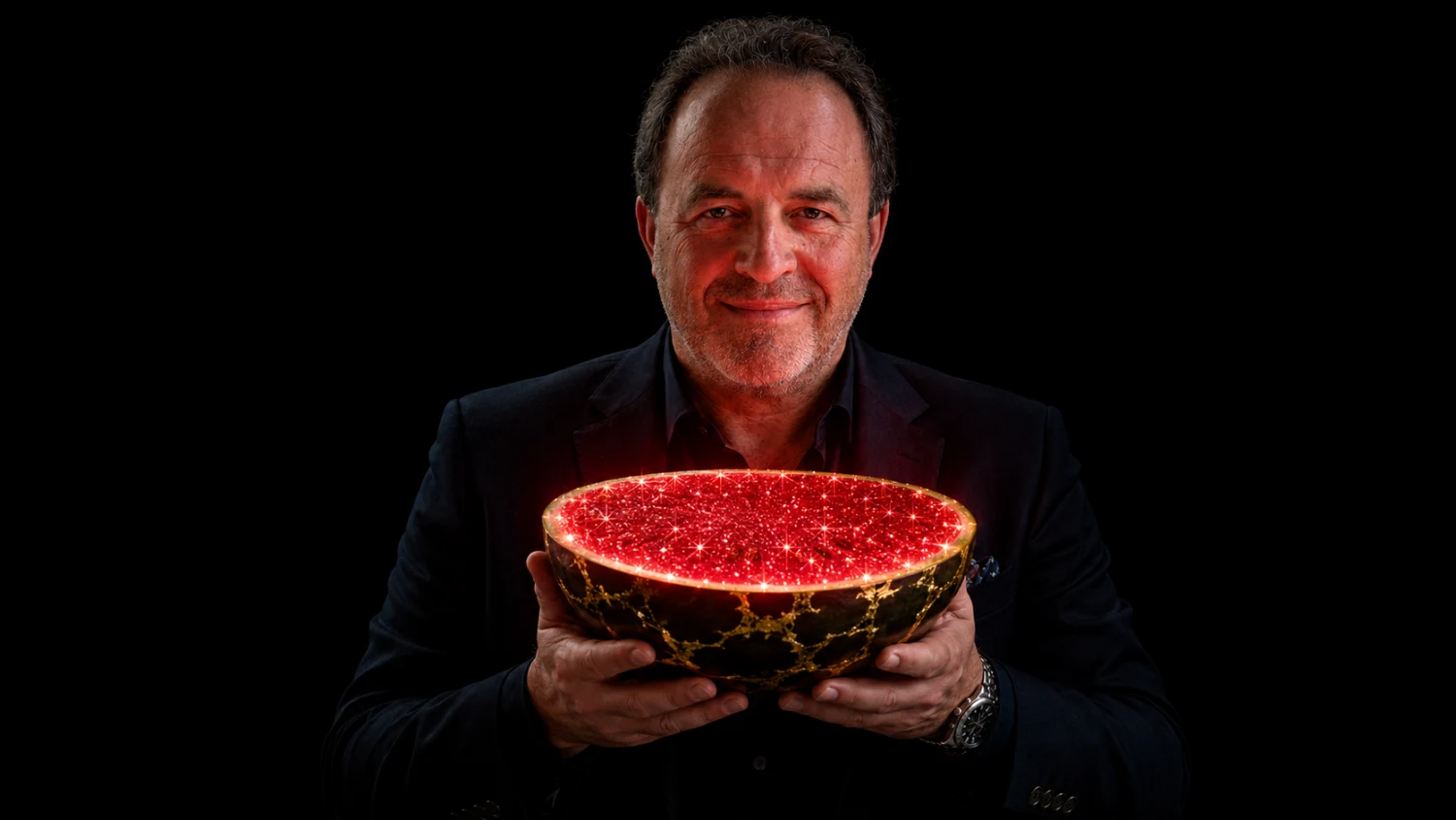 Alex Mez holding a halved watermelon with a glowing gold-veined red interior, against a dark background.