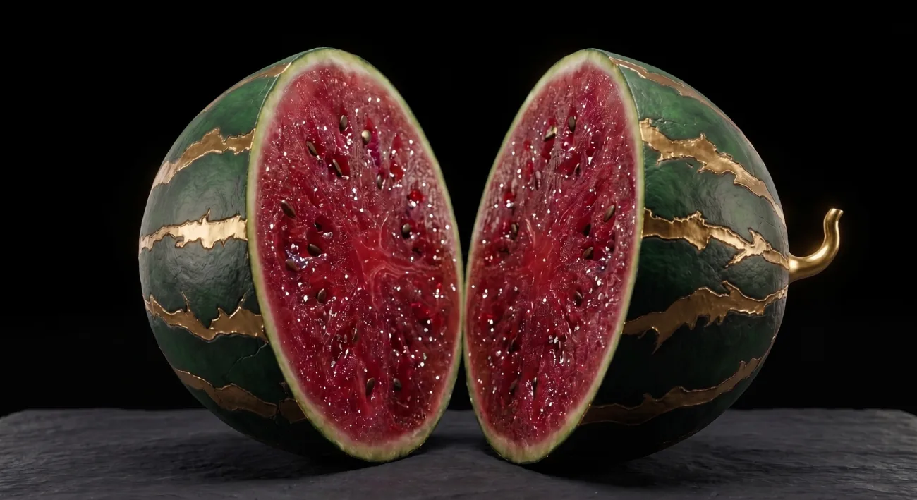 The same gold-veined watermelon cut into two symmetric halves opening like a book, revealing deep ruby-red pulp studded with sparkling crystalline glitter and dark seeds, resting on slate against a black void.
